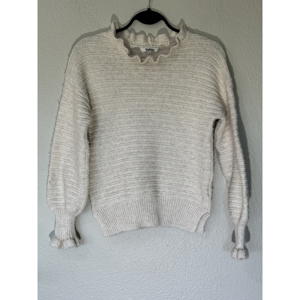 Madewell Ruffle Mock Neck Sweater Women’s XS Cream Rib Knit Merino Wool Blend